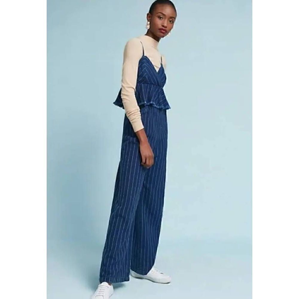 Anthropologie ett:twa Striped Chambray Denim Jumpsuit Large Peplum Hem S